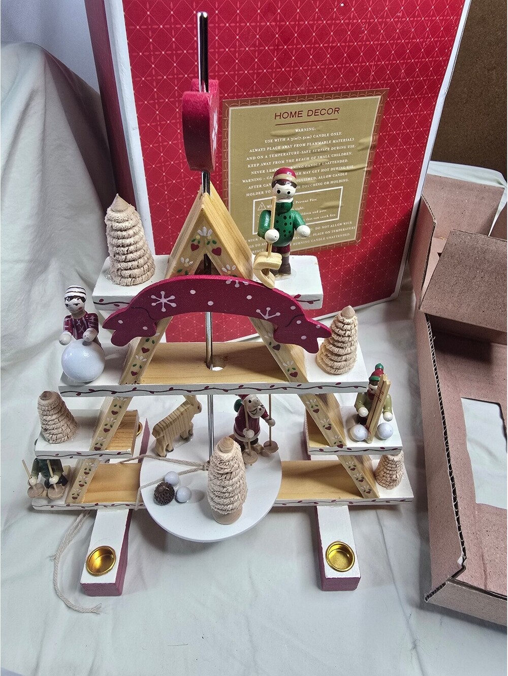 Vintage Wooden Christmas Pyramid Carousel with Candle Holders and Figurines
